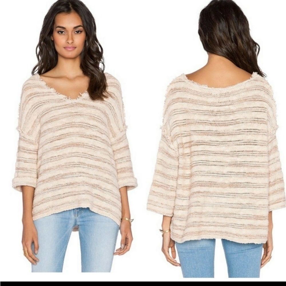 Free‎ People Sunset Park Striped V-Neck Oversized Boho Sweater Cream Tan